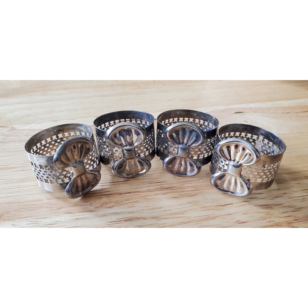 Vtg Napkin Rings Silver Tone Metal Bow Set Of 4 Lattice Band